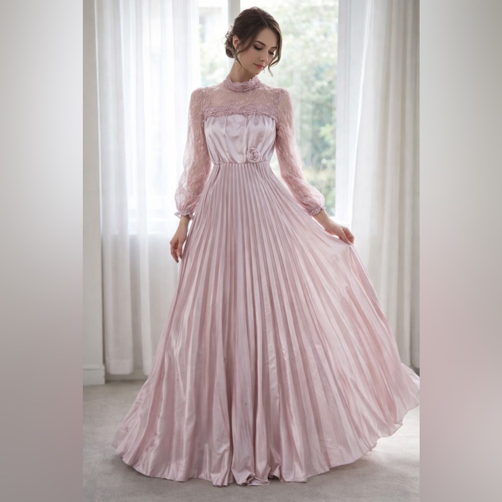 Vintage pink pleated maxi dress with lace romantic fairy